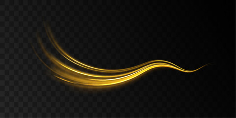 Shine magic gold swirl with flare sparkles. Vector illustration of a burning falling fireball meteor. Curved yellow line light. 