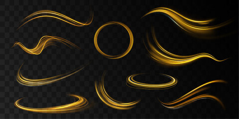 Shine magic gold swirl with flare sparkles. Curved yellow line light. Long exposure light painting photography, curvy lines of vibrant neon metallic yellow gold against a black background.