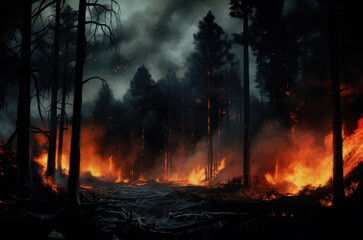 Fire in the forest at night. Burning trees and smoke. Environmental disaster