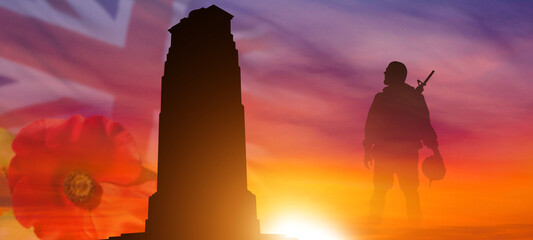 Silhouette of the Soldier and the cenotaph on UK flag background. British Commonwealth countries...