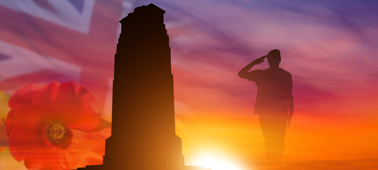 Silhouette of the Soldier and the cenotaph on UK flag background. British Commonwealth countries holiday. 3d illustration