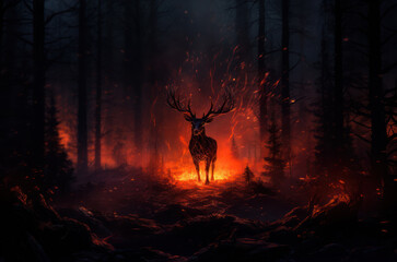 Glowing fire deer standing in the night forest among burning trees. Fantastic creature.