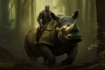 A man riding on a black rhino's back in a swampy forest. Fantasy character.