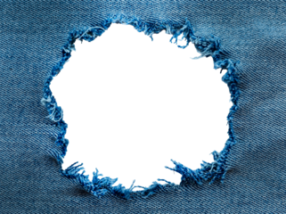 Hole in denim on a white background. Ripped jeans