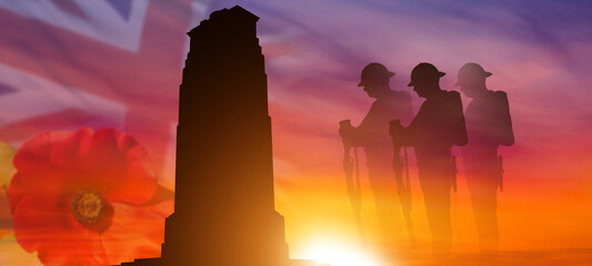 Silhouette of the Soldier and the cenotaph on UK flag background. British Commonwealth countries holiday. 3d illustration