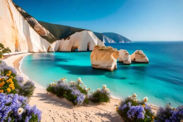 Beautiful natural scenery on one of Greece's most stunning beaches on a bright day. Lefkada's Porto...