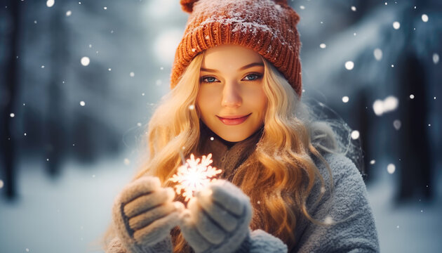 Beautiful blond woman with glowing snowflake in hands. Christmas concept. 