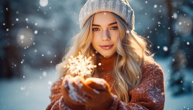 Beautiful blond woman with glowing snowflake in hands. Christmas concept. 