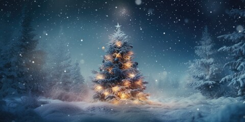 decorated christmastree in the winter forest. 