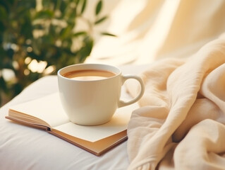 Warm coffee on bed with sunlight, serene morning.
