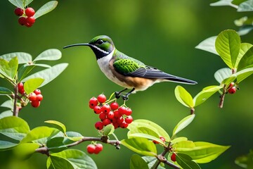 A warm summer day in nature, the fruits of unripe aronia, the hummingbird bird flying up to the berries, the time of flowering berries, and food for birds.