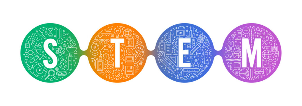 stem concept in linked colored circles. science, technology, engineering, mathematics education and stem. stem education concept