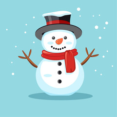 Snowman with hat and scarf, cartoon character, vector illustration