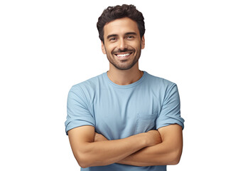 Picture of a young white European man, isolated against a gray backdrop, wearing a blue t-shirt and standing with his arms crossed and a broad grin on his face isolated on transparent background PNG - obrazy, fototapety, plakaty