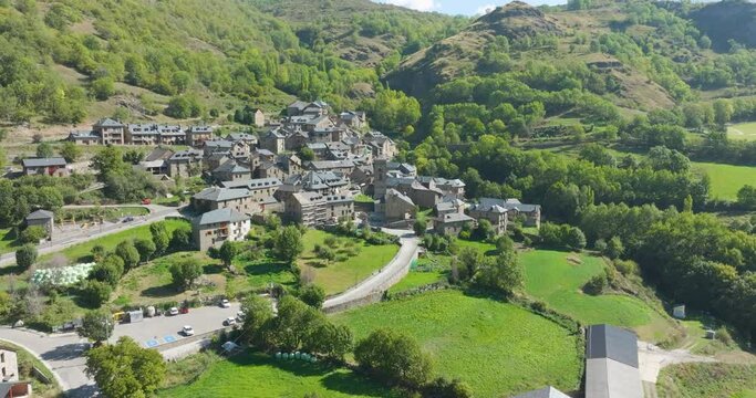 Durro panoramic aerial view, in the Vall de Boi, Lleida Catalonia, Cataloged as one of the most beautiful towns in Spain