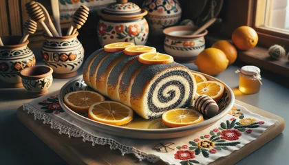 Fotobehang Polish makowiec, a poppy seed roll cake for Christmas, placed on a ceramic dish with citrus slices and honey, set against a backdrop of a traditional Polish kitchen © Cad3D.Expert