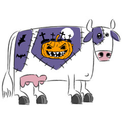 Cute dairy cow textile design isolated on black background with white border, sticker effect celebrates Halloween dressed as scary pumpkin side view