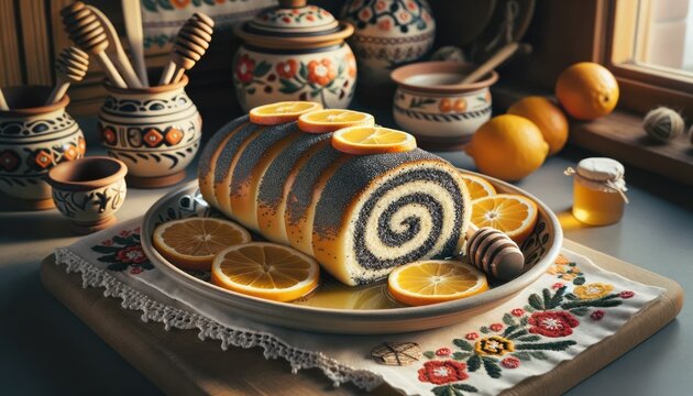 Polish makowiec, a poppy seed roll cake for Christmas, placed on a ceramic dish with citrus slices and honey, set against a backdrop of a traditional Polish kitchen