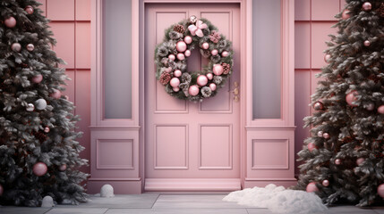 Fototapeta na wymiar Pink facade of the building decorated with a beautiful Christmas wreath. Christmas trees and a Christmas wreath in pink tones. 