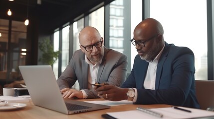 Two business people in formal clothes discussing something on a laptop