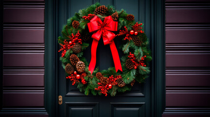 Fototapeta na wymiar Beautiful Christmas wreath hanging on wooden door
