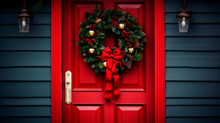 Fototapeta na wymiar Front door to an English home painted red with a Christmas wreath, Xmas Garland