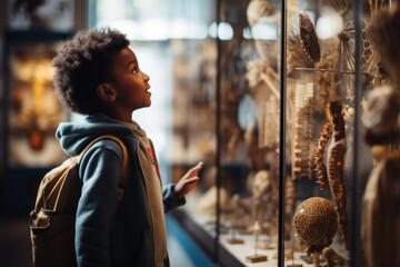 Young kid fascinated by museum artifacts. - obrazy, fototapety, plakaty