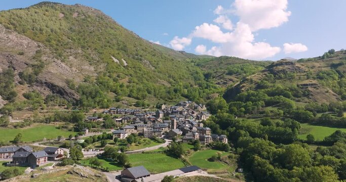 Durro panoramic aerial view, in the Vall de Boi, Lleida Catalonia, Cataloged as one of the most beautiful towns in Spain