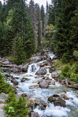 Fototapeta na wymiar Swift mountain river deep in the forest, beautiful nature, Caucasus, Dombai, Russia