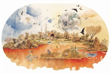 Artistic depiction of climate change impacts using watercolour techniques. Generative AI