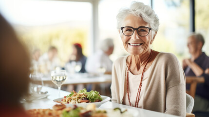 Cheerful elderly woman enjoying meal at retirement home - obrazy, fototapety, plakaty