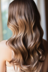 Glossy brunette waves with elegant highlights cascading down.