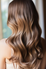 Fototapeta premium Glossy brunette waves with elegant highlights cascading down.