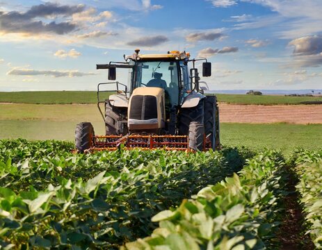 Agroneg&oacute;cio, planta&ccedil;&atilde;o, trator fazendo colheita de cana