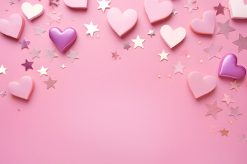 Valentine's day background with hearts and confetti on pink