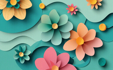 Paper cut Background spring flowers with Noise Grain Effect