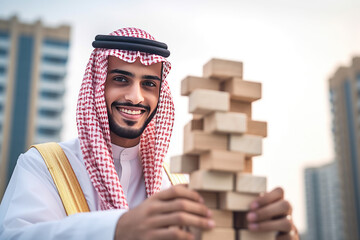 Arabic businessman building a tower of wooden blocks in the city.