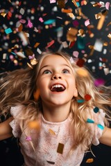 Child rejoices in confetti, the child blows confetti from the palms, holiday and happiness, new year and Christmas