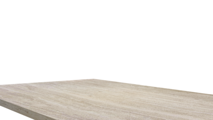 beige travertine marble table corner at foreground used as product displayed isolated on background with clipping path. perspective view of marble stone table showing edge of table.