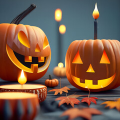 Glowing pumpkin decorations of the city for the holiday. Halloween concept. Background and wallpaper with generated ai