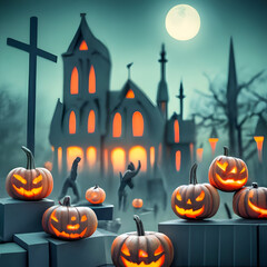 Glowing pumpkin decorations of the city for the holiday. Halloween concept. Background and wallpaper with generated ai