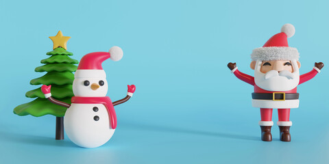 santa claus with snowman 3D rendering  christmas tree