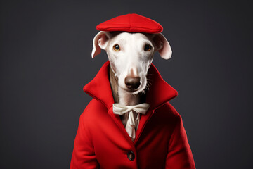 gray beige whippet dog in a red beret and a fashionable coat with a collar on a dark background, an elegant pet in a festive outfit