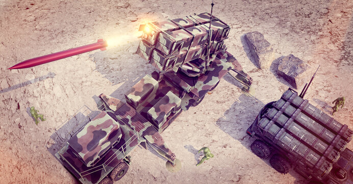 THAAD missile defence system. The Terminal High Altitude Area Defence (THAAD) system targets incoming ballistic missiles in their terminal phase. Target is destroyed using kinetic energy. 3d rendering