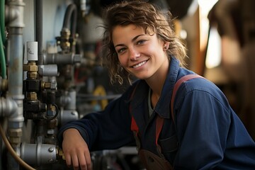 Woman plumber. Portrait with selective focus and copy space - Powered by Adobe
