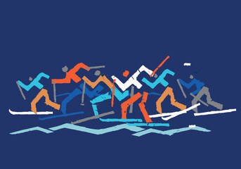 Cross Country Skiers, competition.
A expressive drawing of group of cross-country ski competitors on blue background. Vector available.