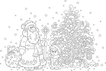 Merry Christmas and happy New Year card with Santa Claus and his little granddaughter, a gift bag, a magical staff and a decorated fir tree, black and white vector cartoon illustration