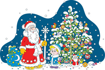 Merry Christmas and happy New Year card with Santa Claus and his little granddaughter, a gift bag, a magical staff and a decorated fir tree, vector cartoon illustration