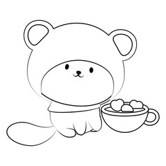 Cute little kawaii kitten wearing a teddy bear hat and with a cup of coffee nearby coloring page