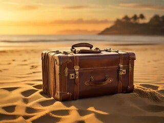 Una maleta vintage descansa en la orilla arenosa, con sus correas de cuero desgastadas por años de viaje - obrazy, fototapety, plakaty